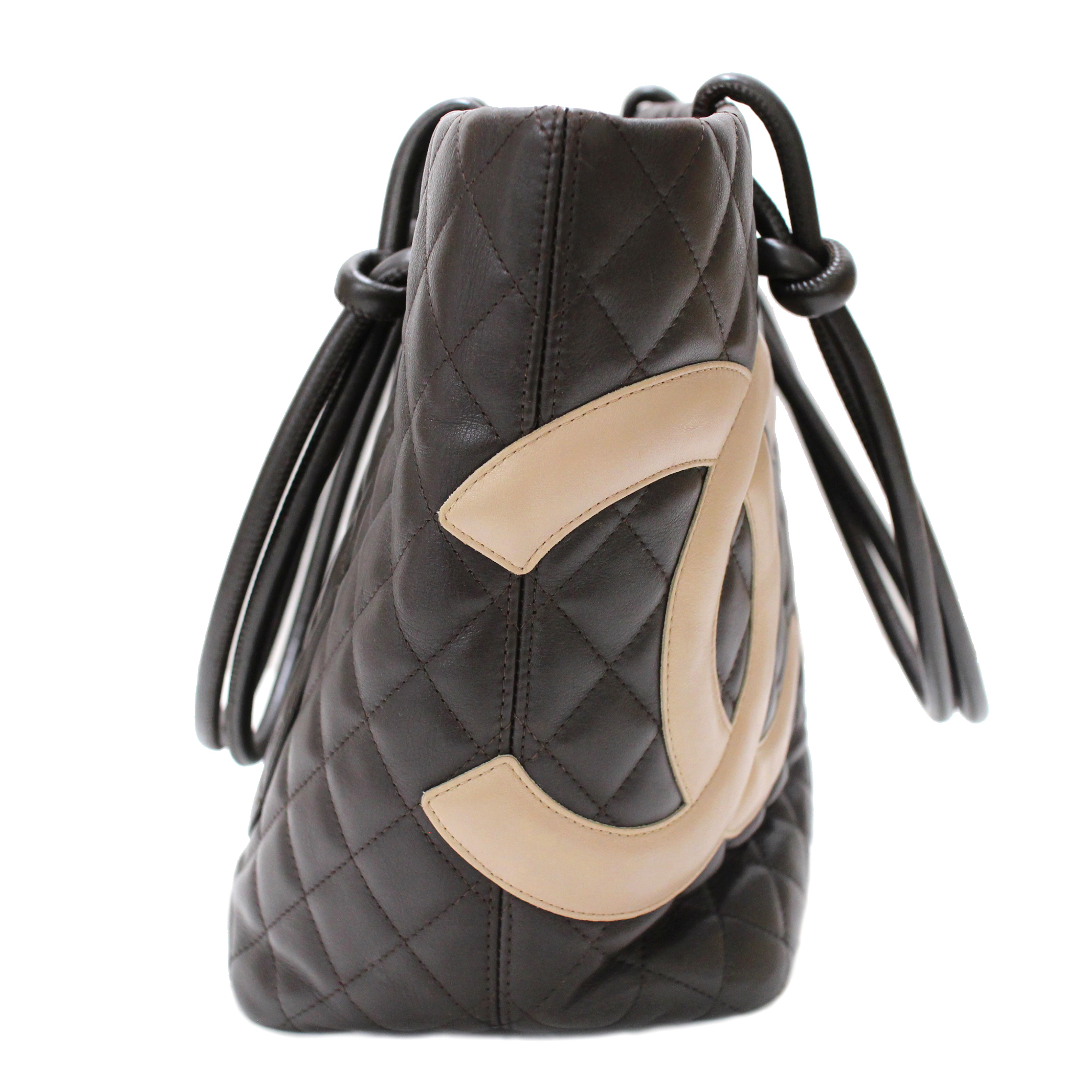 CHANEL Calf Leather Cambon Ligne Brown Quilted Tote Bag Handbag