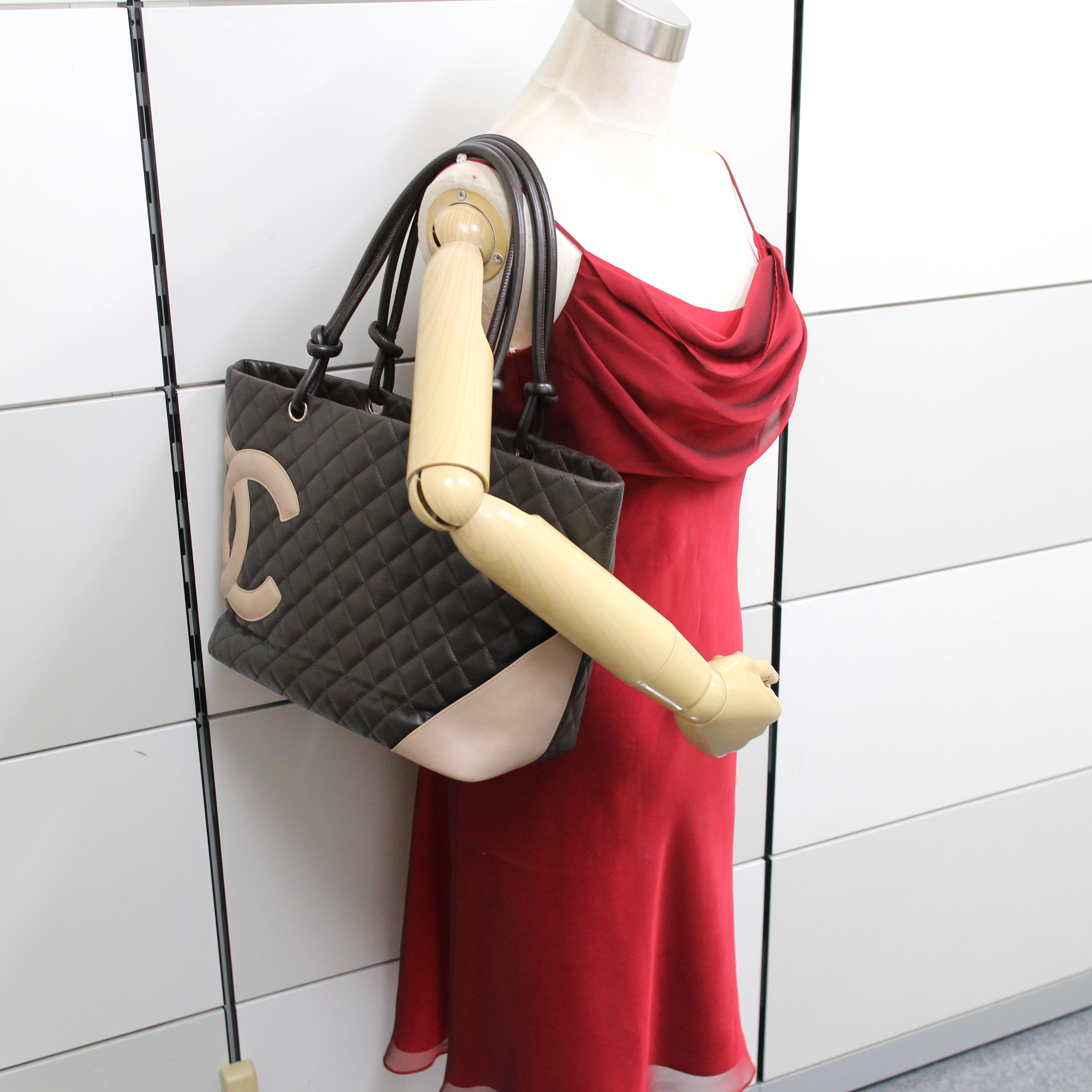 CHANEL Calf Leather Cambon Ligne Brown Quilted Tote Bag Handbag