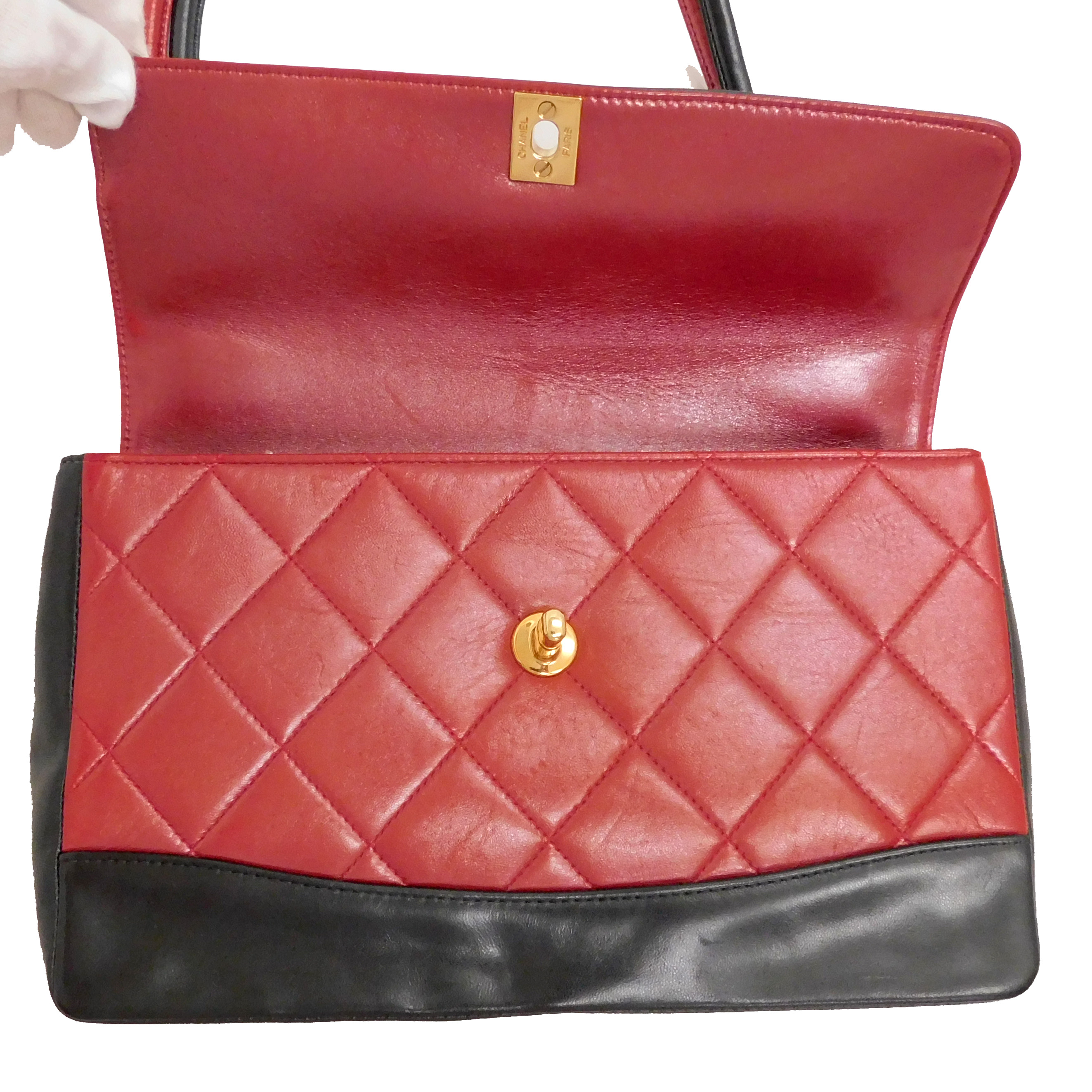 CHANEL Matelasse Lamb Skin Leather Red Turn Lock Shoulder Bag