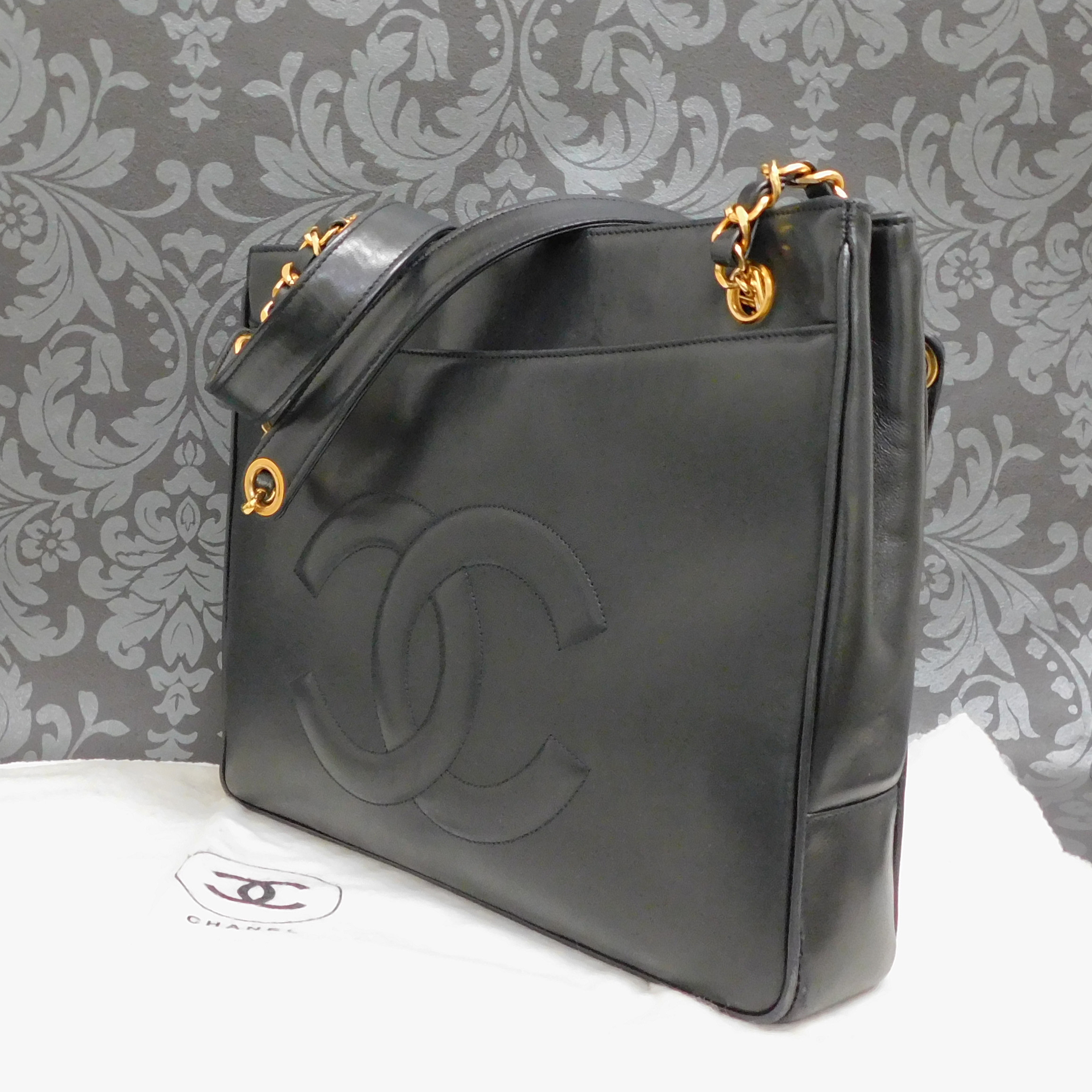 CHANEL CC Logo Lamb Skin Leather Black Tote Bag Shoulder Bag