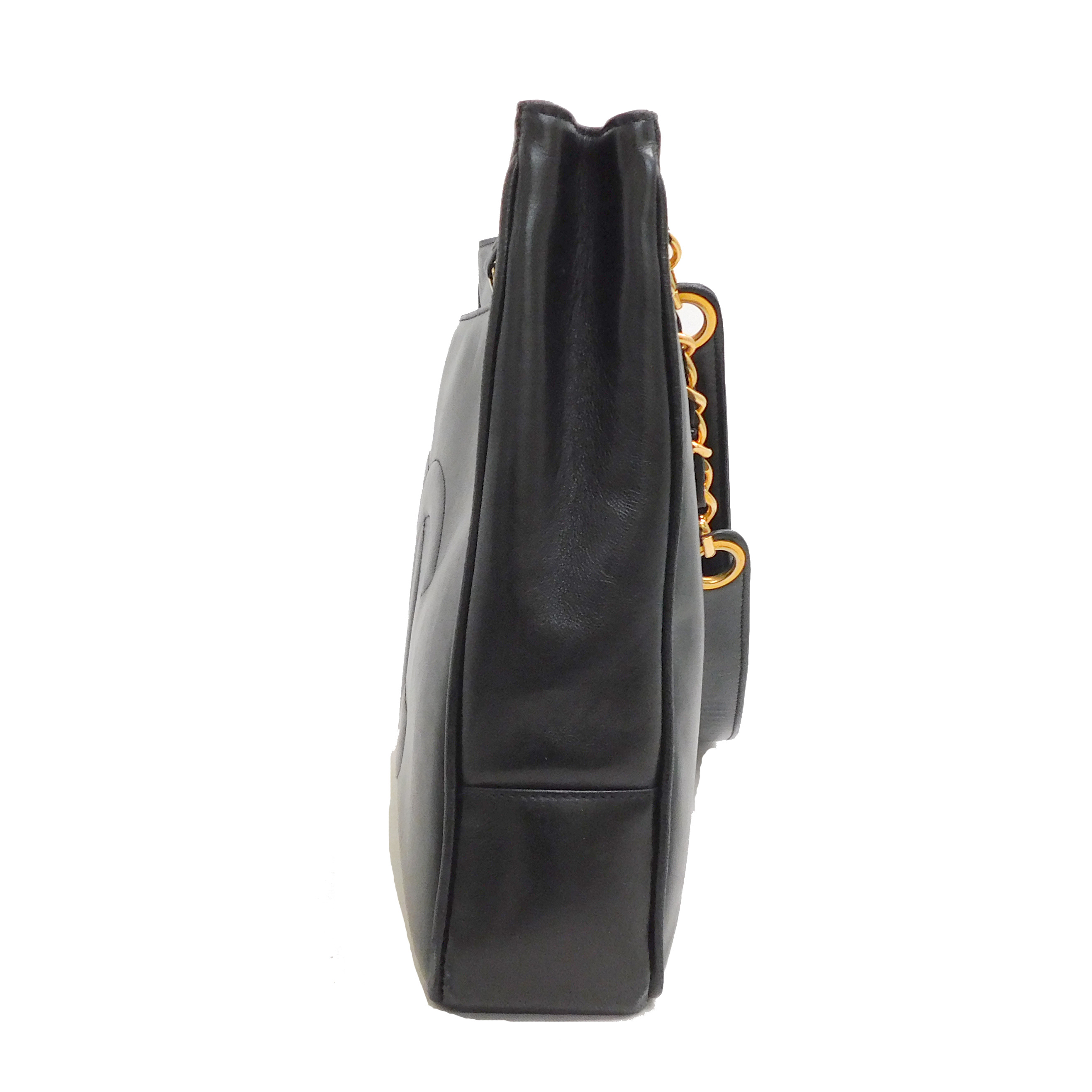 CHANEL CC Logo Lamb Skin Leather Black Tote Bag Shoulder Bag