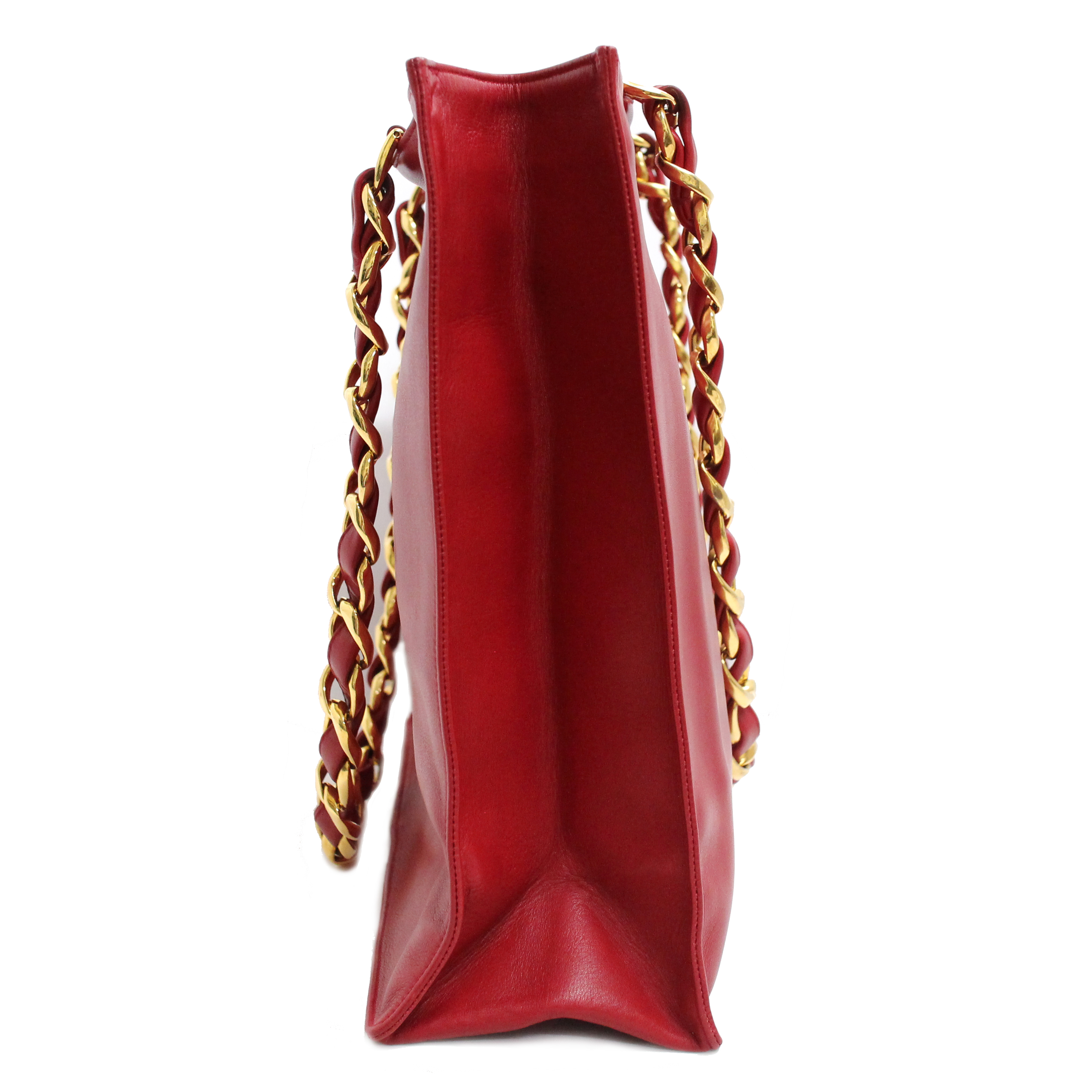 CHANEL Lamb Skin Leather Red CC Logo Jumbo Tote Shoulder Bag CHANEL Lamb Skin Leather Red CC Logo Jumbo Tote Shoulder Bag
