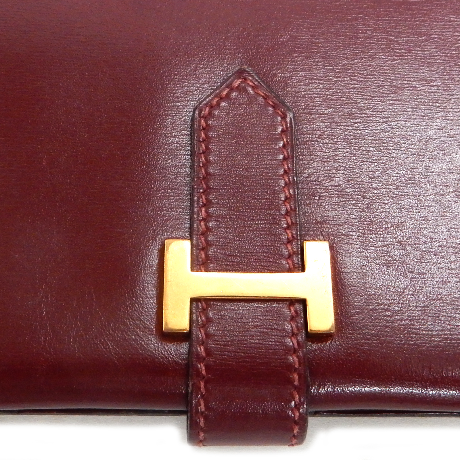 Vintage Hermes Bearn Classic Red Box Calf Bifold Wallet Long Purse #21  Rise-on