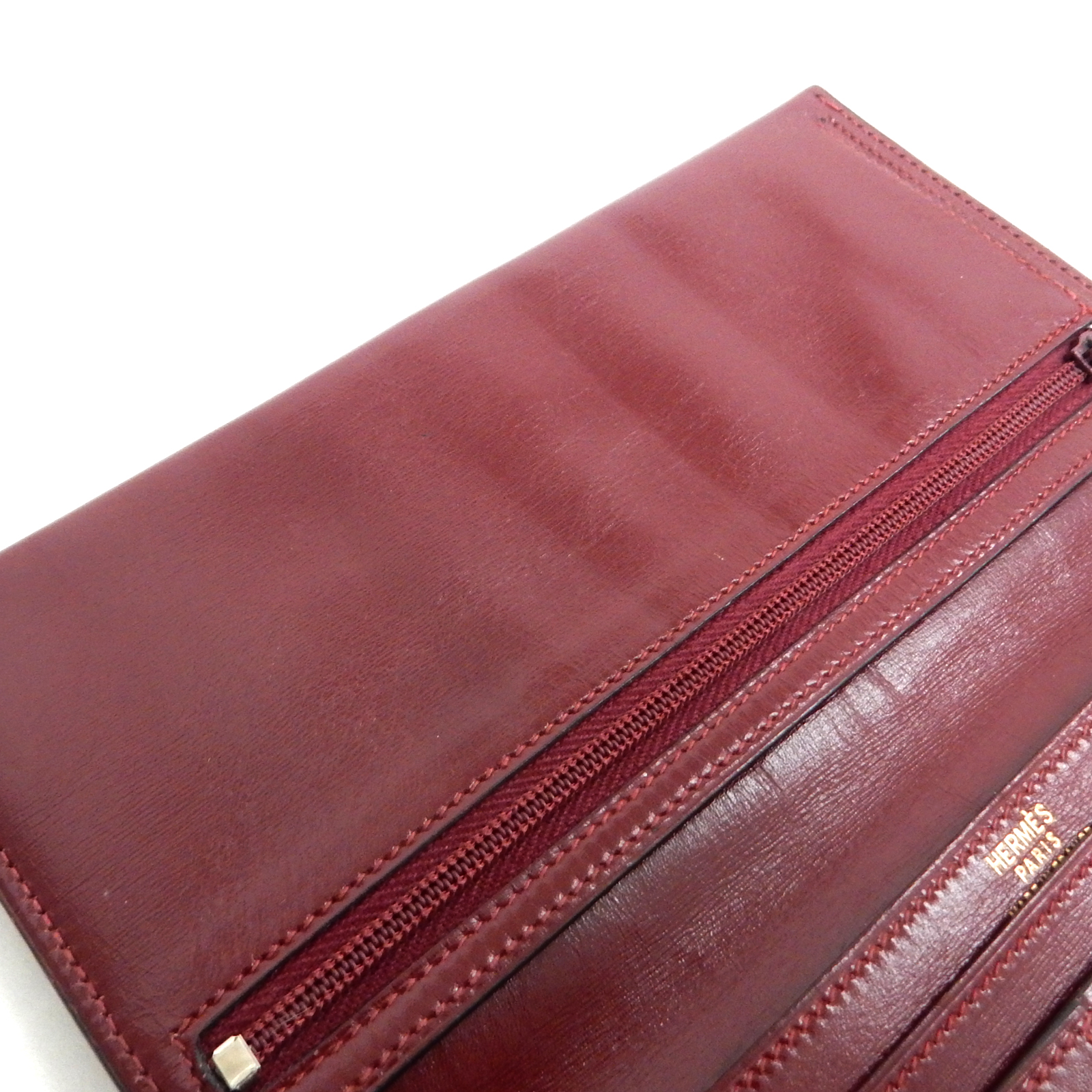 Vintage Hermes Bearn Classic Red Box Calf Bifold Wallet Long Purse